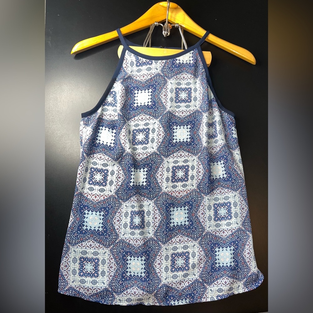 Pixley Navy Blue Aztec Halter Top with Keyhole on Back Size Small EUC